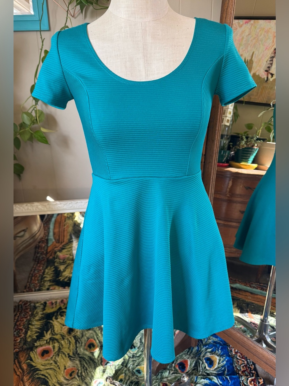Forever 21 Teal Fit & Flare Short Sleeve Dress, size Medium